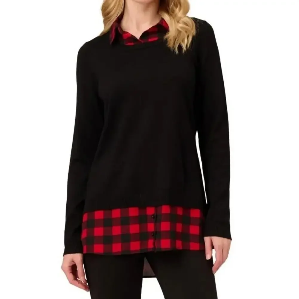 Adrianna Papell festive Christmas V-Neck collar Sweater Black Red Size M A001798